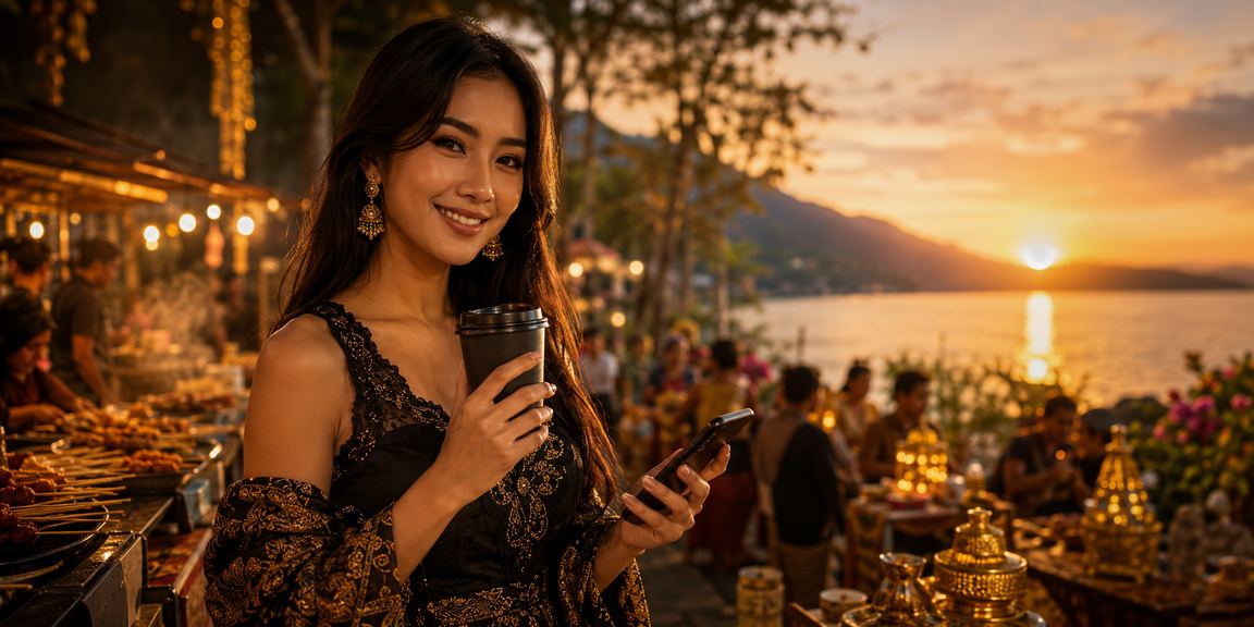 Pengguna mengakses platform casino mobile sambil menikmati kopi di kafe Vietnam yang modern