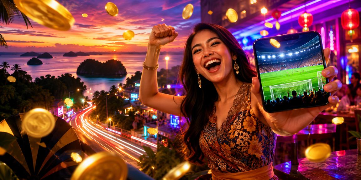 Pemain menikmati casino mobile dengan tampilan neon yang cerah di malam hari