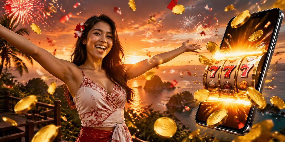 Suasana festival slot game yang meriah dengan lampu warna-warni dan antusiasme pemain